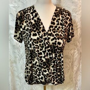 Tuo Brown Tan Animal Print Short Sleeve Crossover Top